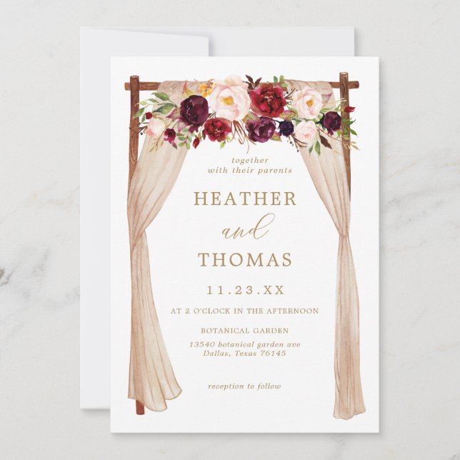 Invitación Boho Burgundy Marsala Boda Floral (Anverso)