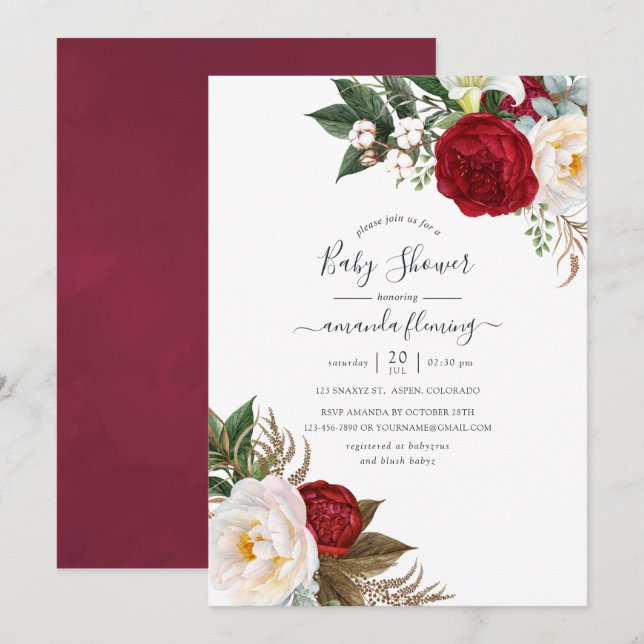 Invitación Boho Burgundy - Marsala Floral Baby Shower (Anverso / Reverso)