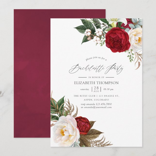 Invitación Boho Burgundy - Marsala Floral Bachelorette Party (Anverso / Reverso)