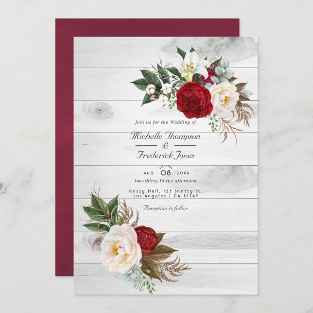 Invitación Boho Burgundy/Marsala Floral Código QR Boda RSVP (Anverso / Reverso)