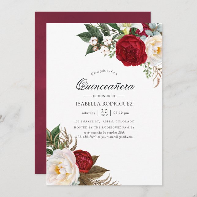 Invitación Boho Burgundy - Marsala Floral Quinceañera (Anverso / Reverso)