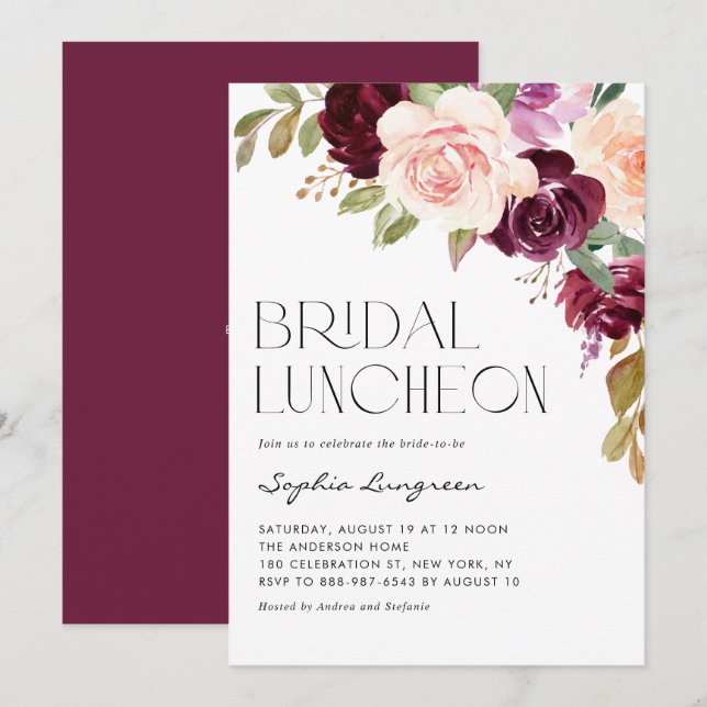 Invitación Boho Burgundy Peach Flowe Fall Bridal Luncheon (Anverso / Reverso)