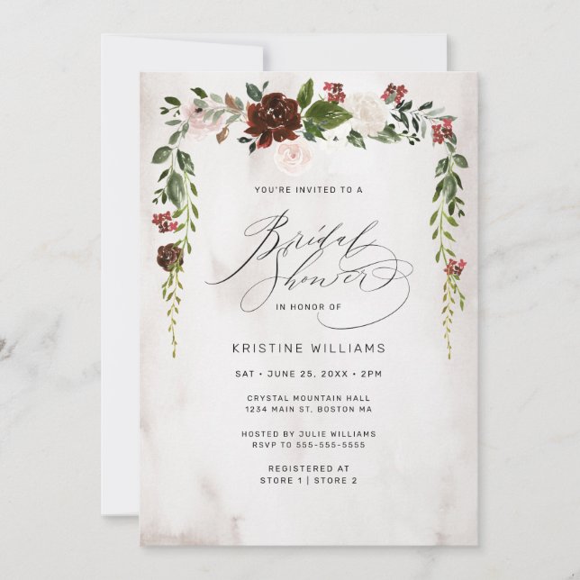 Invitación Boho Burgundy Pink Watercolor Floral Bridal Shower (Anverso)