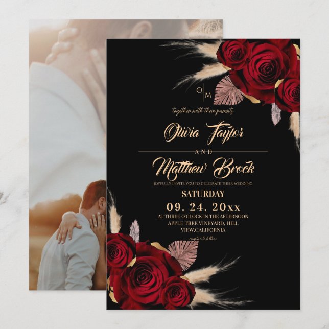 Invitación  Boho Burgundy Roses Floral Wedding (Anverso / Reverso)