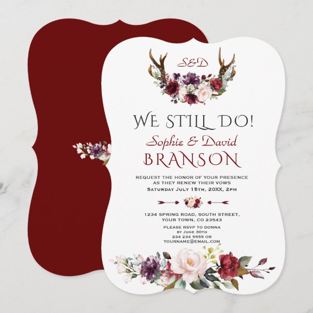 Invitación Boho Burgundy Rubor Floral Antlers TODAVÍA HACEMOS (Anverso / Reverso)