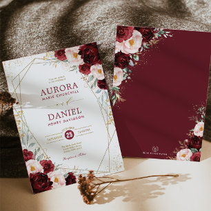 Invitación Boho Burgundy Rubor Gold Flores Boda geométrico