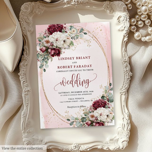 Invitación Boho Burgundy Rubor Rosa Wedtation Suite (Boho Burgundy Blush Rose Wedding Invitation Suite)