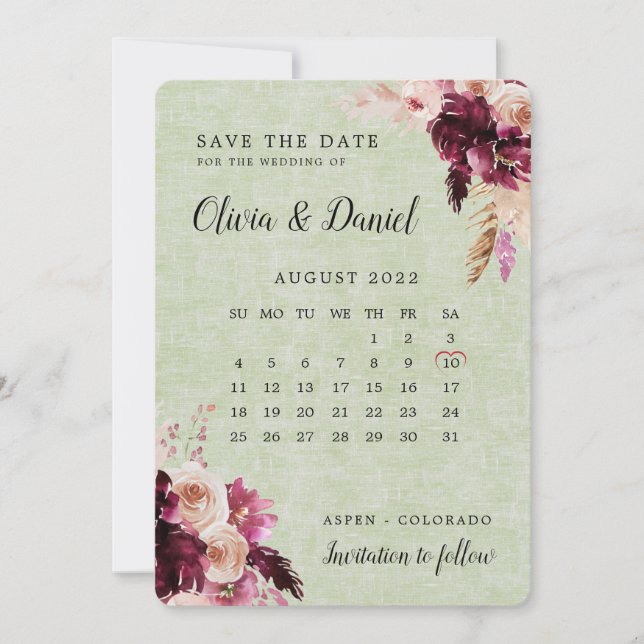 Invitación Boho Burgundy Sage Green Calendar Save The Date (Anverso)