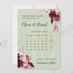 Invitación Boho Burgundy Sage Green Calendar Save The Date