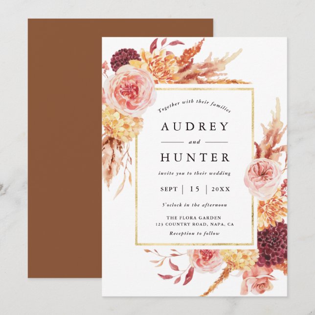 Invitación Boho Burgundy Terracotta Flor Marco dorado Boda (Anverso / Reverso)