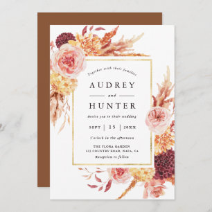 Invitación Boho Burgundy Terracotta Flor Marco dorado Boda