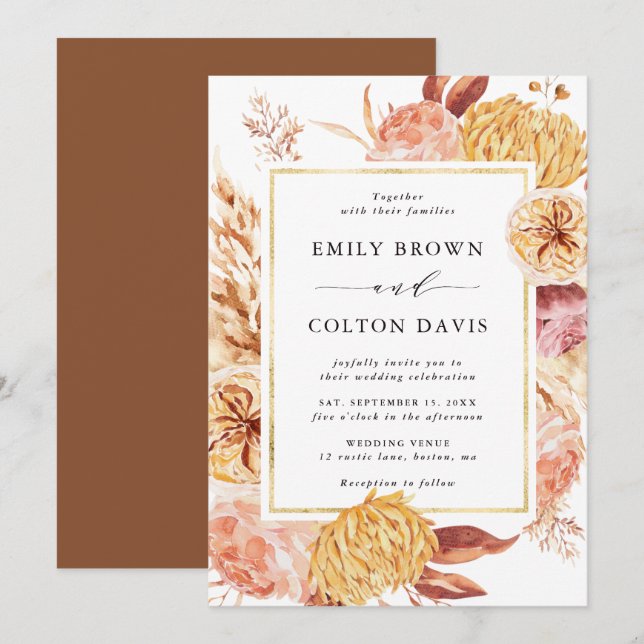 Invitación Boho Burgundy Terracotta Flor Marco dorado Boda (Anverso / Reverso)