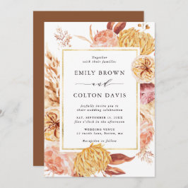 Invitación Boho Burgundy Terracotta Flor Marco dorado Boda