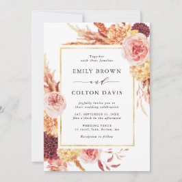 Invitación Boho Burgundy Terracotta Floral Gold Frame Boda