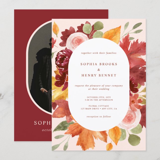 Invitación Boho Burgundy, un Boda de fotos con flores (Anverso / Reverso)