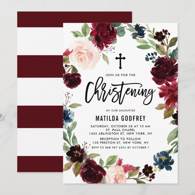 Invitación Boho Burgundy Watercolor Floral Wreath Christening (Anverso / Reverso)