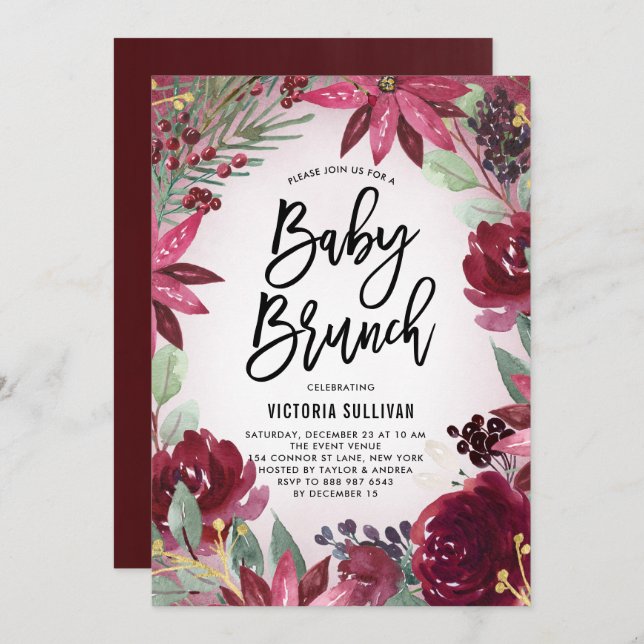 Invitación Boho Burgundy Winter Floral Baby Shower Brunch (Anverso / Reverso)