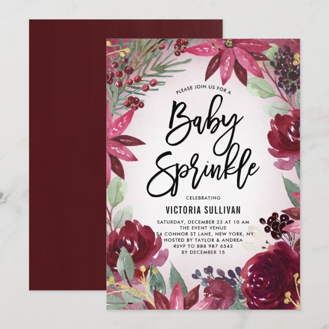 Invitación Boho Burgundy Winter Floral Baby Shower Sprinkle (Anverso / Reverso)