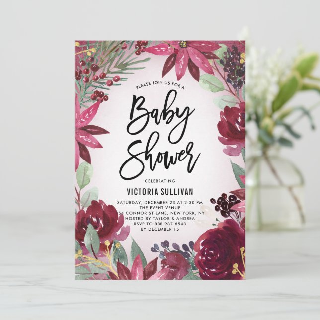 Invitación Boho Burgundy Winter Floral Frame Baby Shower (Anverso de pie)