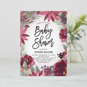 Invitación Boho Burgundy Winter Floral Frame Baby Shower