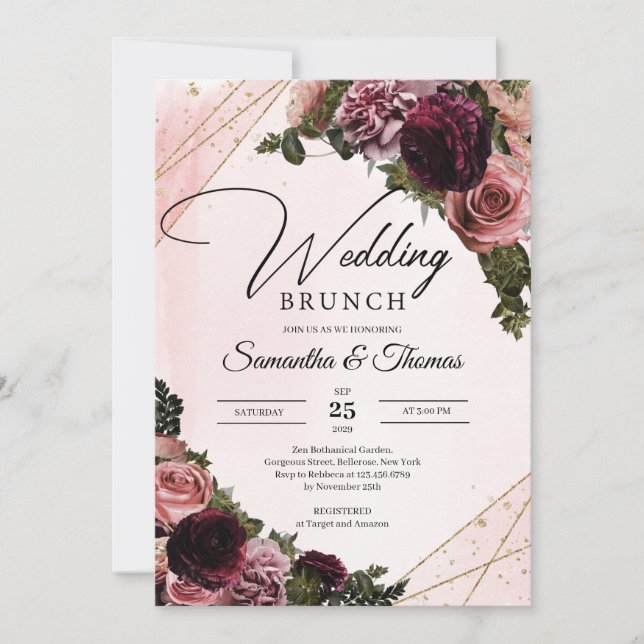 Invitación Boho Burgundy y el brunch de flores de marrón rubi (Anverso)