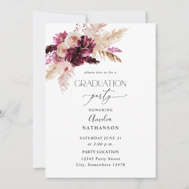 Invitación Boho Burgundy y la fiesta de graduación floral ros (Anverso)