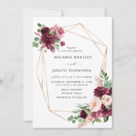 Invitación Boho Burgundy y Rubor Floral Gold Frame Boda