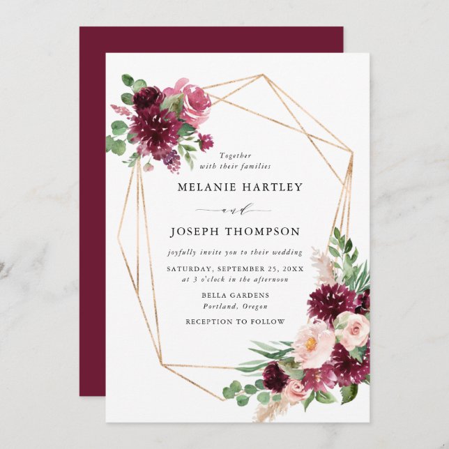 Invitación Boho Burgundy y Rubor Floral Gold Frame Boda (Anverso / Reverso)