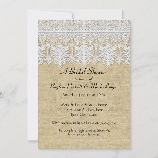 Invitación BOHO Burlap impreso y gitano de encaje estilo mode (Anverso)