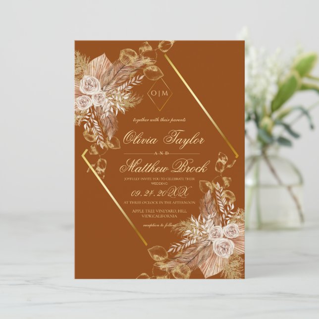 Invitación Boho Burn Naranja Diamond Gold Boda (Anverso de pie)