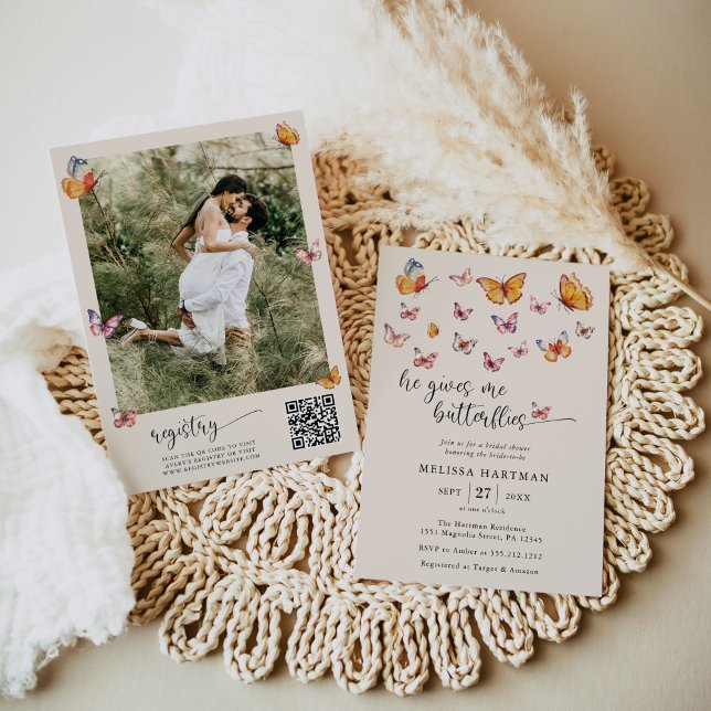 Invitación Boho Butterflies Foto Código Qr Ducha de novia (Subido por el creador)