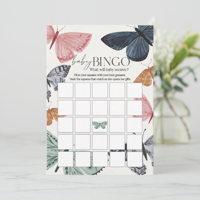 Invitación Boho Butterfly Baby Shower Baby Bingo Juego (Anverso de pie)