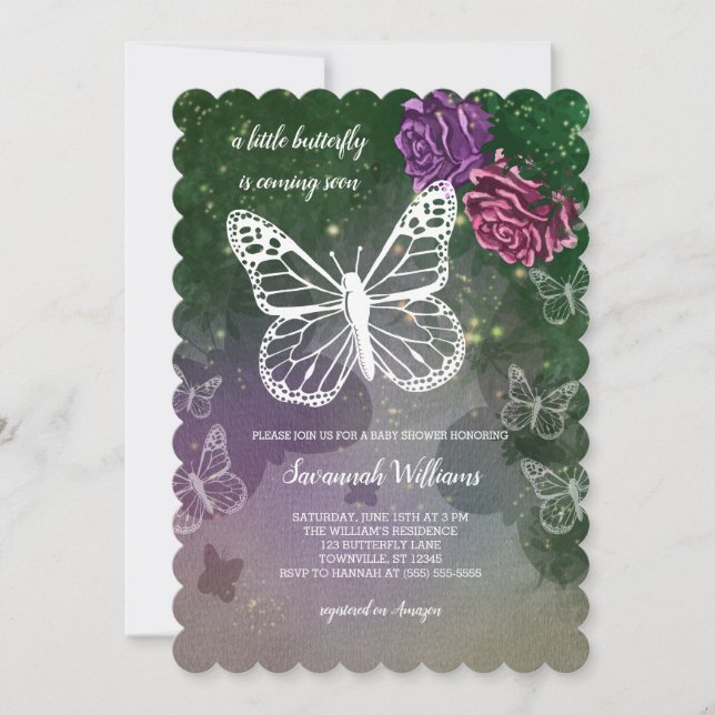 Invitación Boho Butterfly Baby Shower Floral Pink Purple (Anverso)