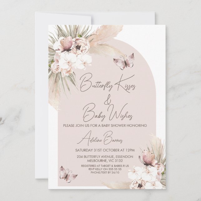 Invitación Boho Butterfly besa a su bebé le desea Baby Shower (Anverso)