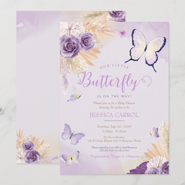 Invitación Boho Butterfly Lavender Purple Floral Baby Shower (Anverso / Reverso)