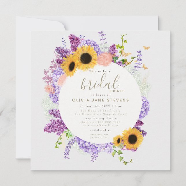 Invitación Boho Butterfly Sunflower Lilac Flora Brillante Duc (Anverso)