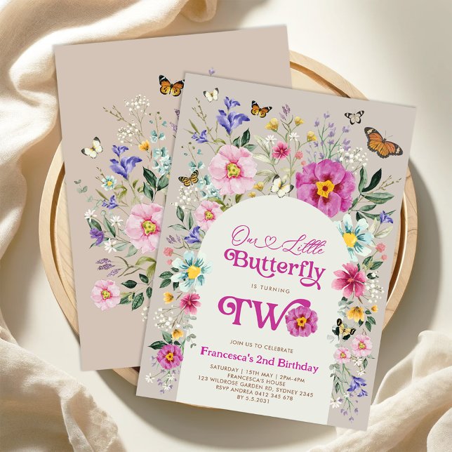 Invitación Boho Butterfly Wildfower Chica Segundo cumpleaños (Subido por el creador)