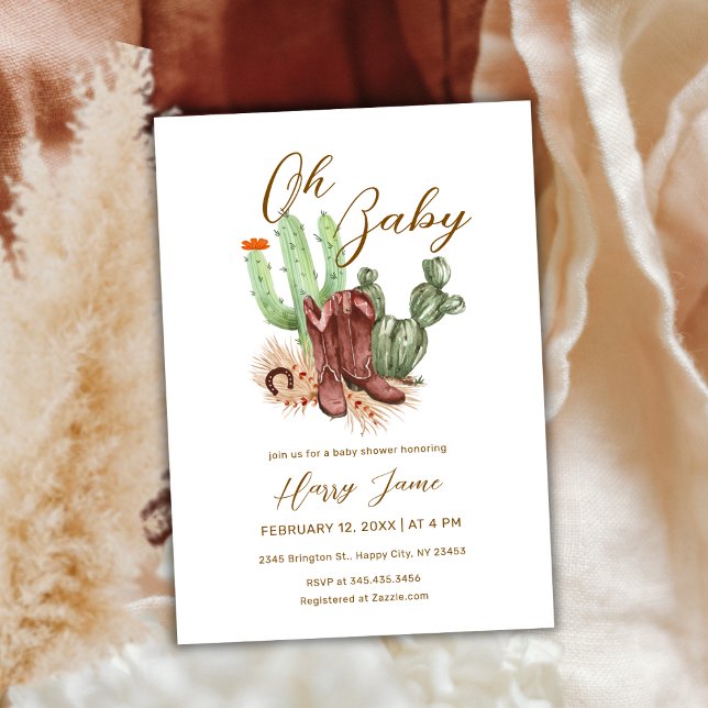 Invitación Boho Cactus Cowboy moderno zapata Baby Shower (Modern Boho Cactus Cowboy Shoes Baby Shower Invitation)