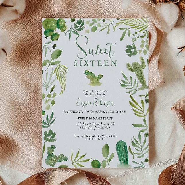 Invitación Boho cactus desierto tropical verde dulce 16 (Boho cactus green tropical desert Sweet 16 Invitation)
