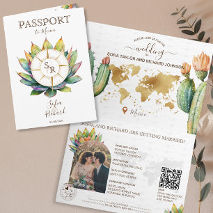 Invitación Boho Cactus Destination Wedding Passport Código QR