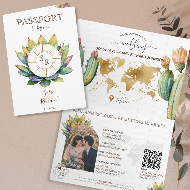 Invitación Boho Cactus Destination Wedding Passport Código QR (Subido por el creador)