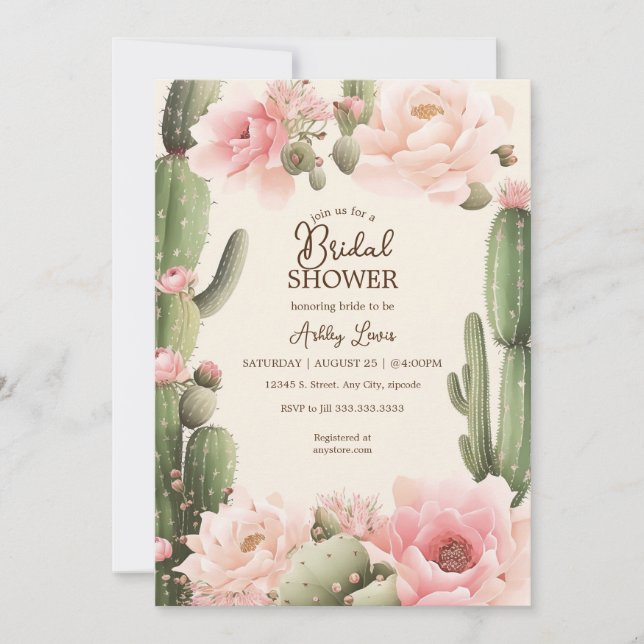 Invitación Boho Cactus floral Desierto flores de cactus rosad (Anverso)