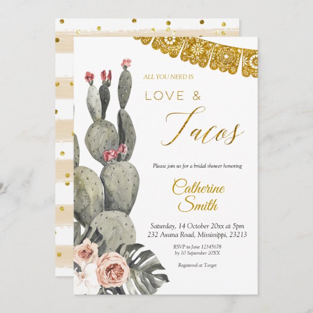 Invitación Boho Cactus Love and Tacos Bridal Shower (Anverso / Reverso)