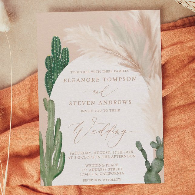 Invitación Boho cactus pampas archigo color tierra beige boda (Boho cactus pampas arch beige earth tone wedding invitation)