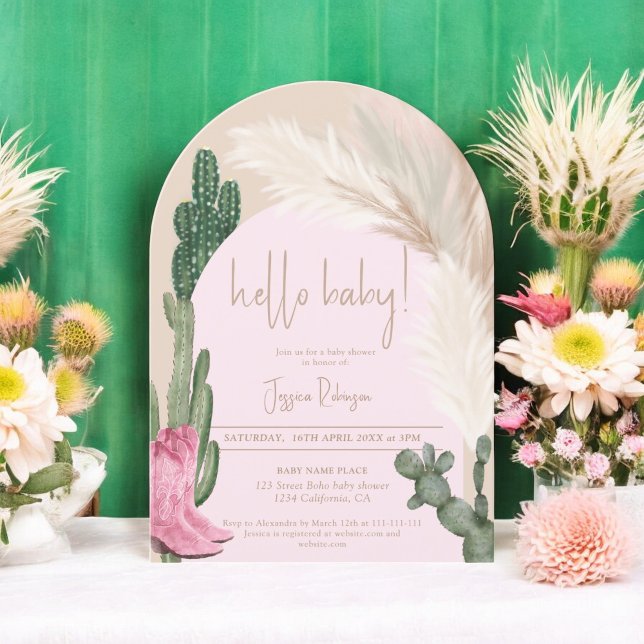 Invitación Boho cactus pampas arco hola bebé ducha (Boho cactus pampas arch hello baby shower invitation)
