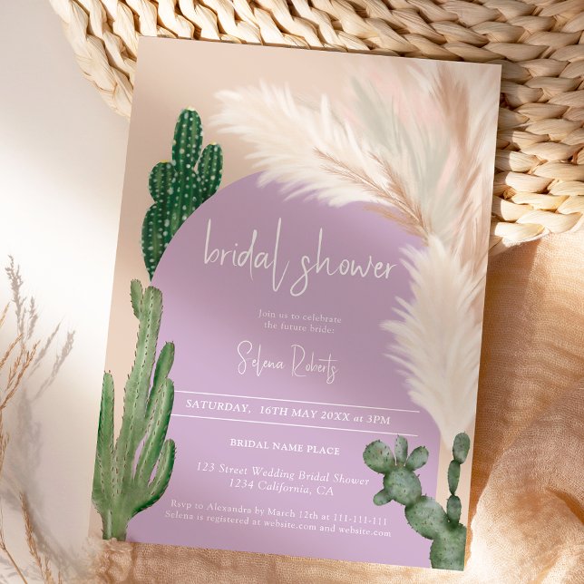 Invitación Boho cactus pampas arco morado Ducha de novia (Boho cactus pampas arch purple Bridal shower Invitation)