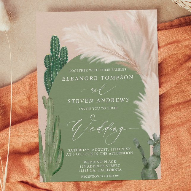 Invitación Boho cactus pampas boda de tono de tierra verde ar (Boho cactus pampas arch green earth tone wedding invitation on dark green)