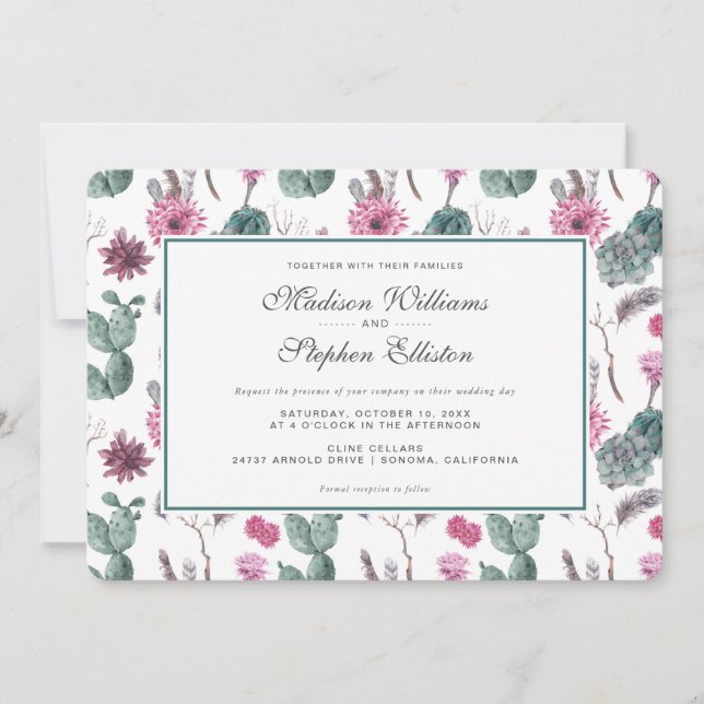 Invitación Boho Cactus, Succulent & Floral - Boda (Anverso)