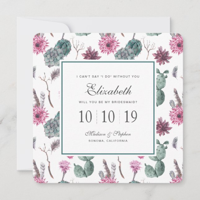 Invitación Boho Cactus, Succulum & Floral - Bridesmaid (Anverso)