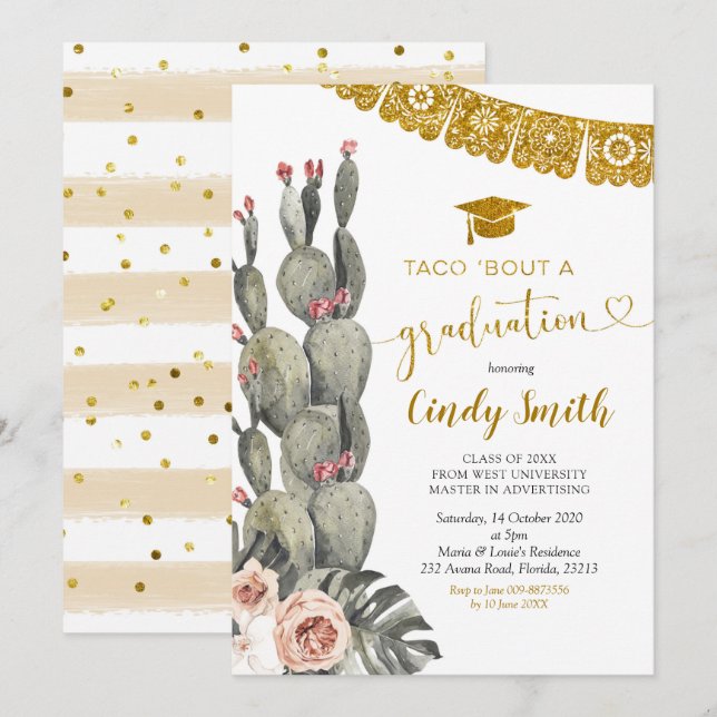 Invitación Boho Cactus Taco sobre una graduación (Anverso / Reverso)